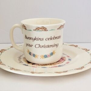 Royal Doulton Bunnykins Christening Cup and Saucer Set - Cream and Brown